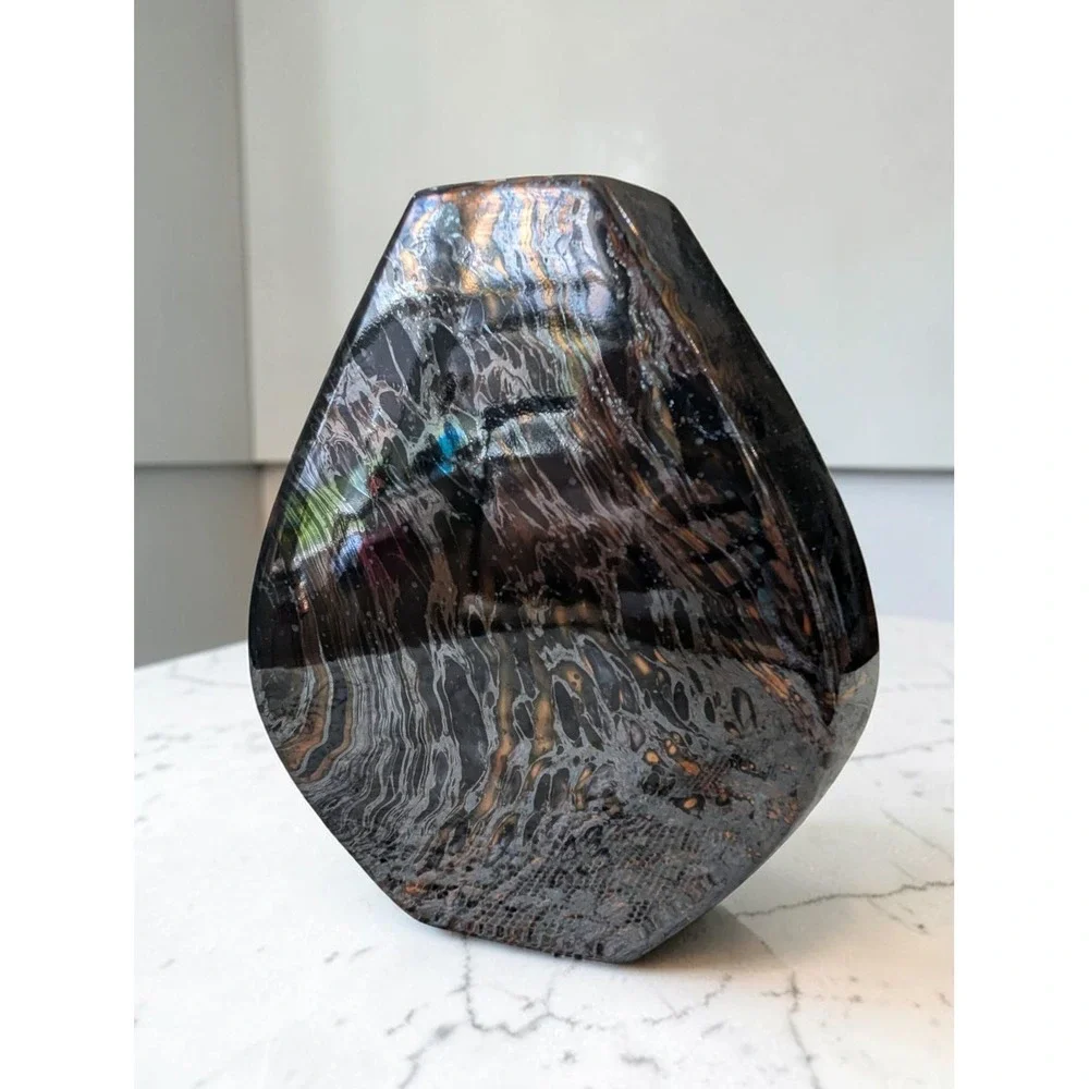 Vintage Haeger Pottery Vase Black Copper Silver Metallic Swirl Art Deco 1993